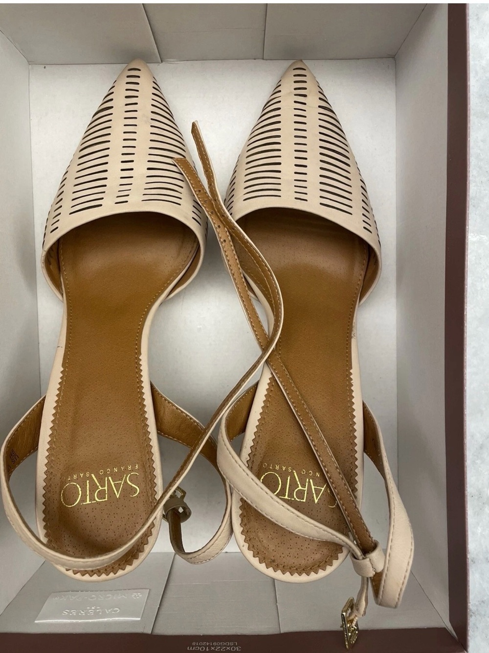 SARTO By Franco Sarto Beige Laser-Cut Pointed Slingback Heels